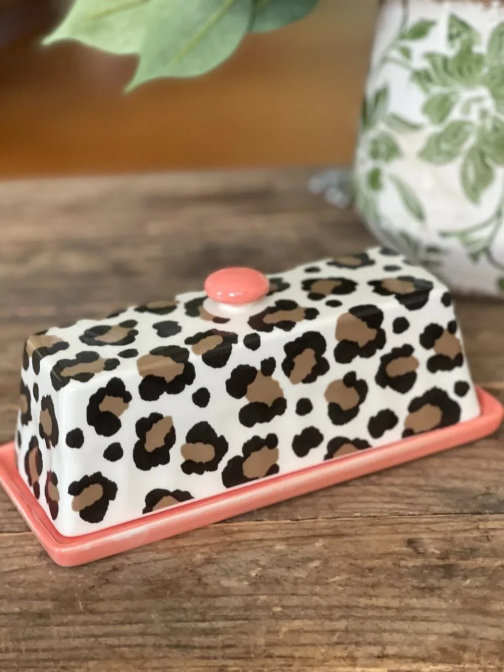 Anthropologie Chintzware Leopard Butter Dish Coral Pink-NEW